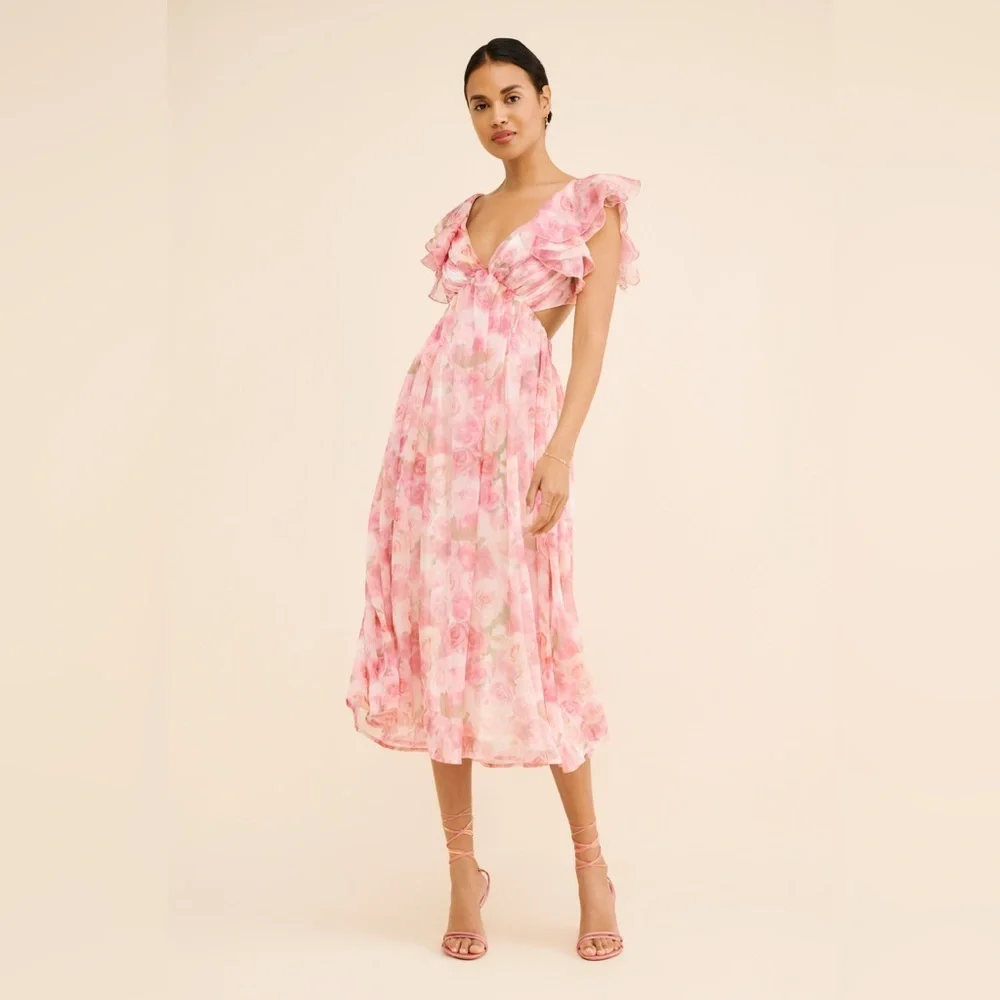 Rachel Parcell Floral Chiffon Ruffle Midi-Dress multi-pink floral Size 2